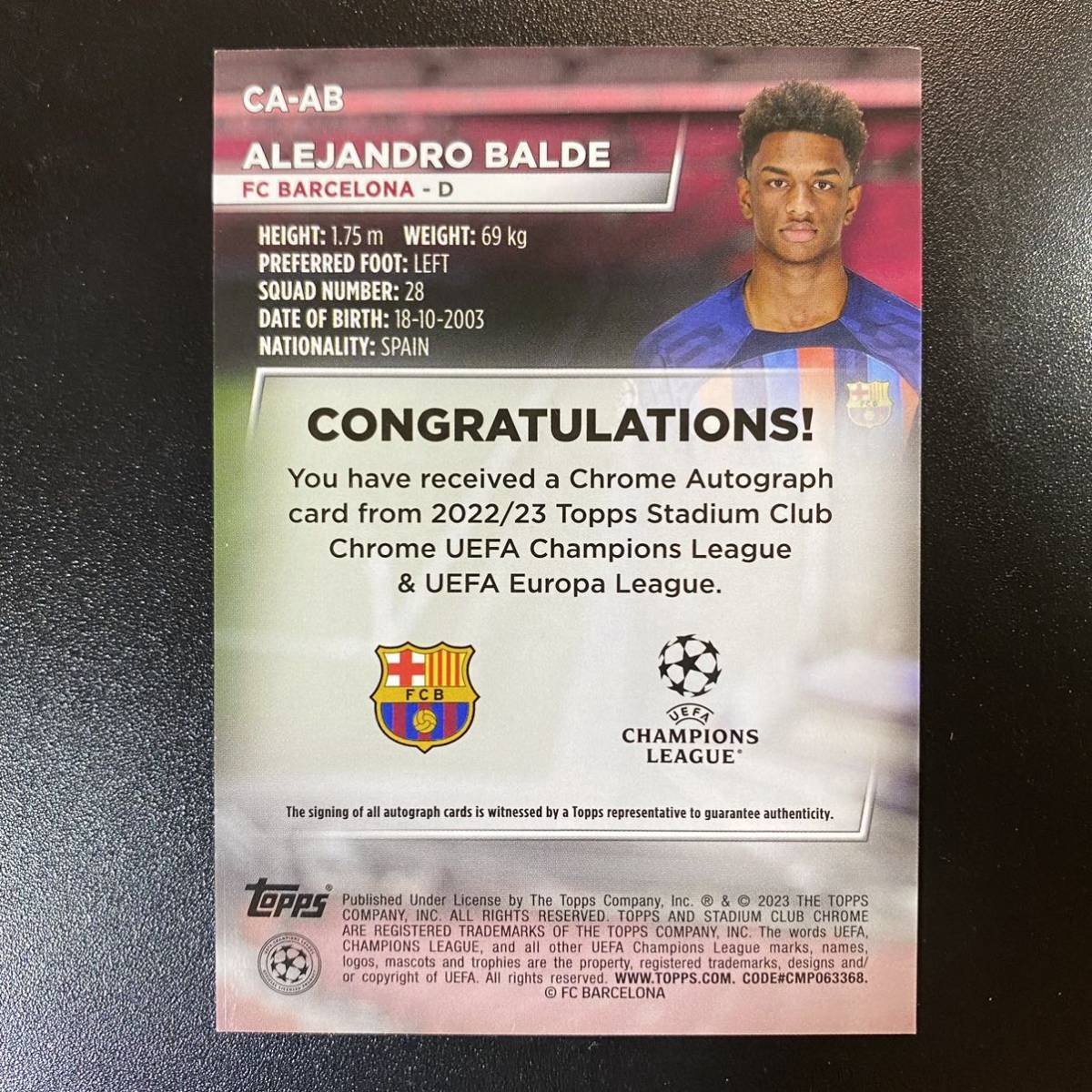 2022-23 Topps Stadium Club Chrome UEFA Alejandro Balde Auto Barcelona 直筆サインカード アレックス・バルデ_画像2