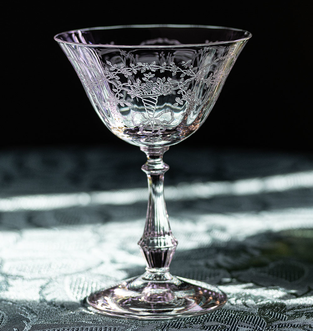 1935年～ フォストリア クリスタル コサージュ リボン エッチング カクテル シャンパン グラス 酒 ビンテージ バーグラス アンティーク_画像1