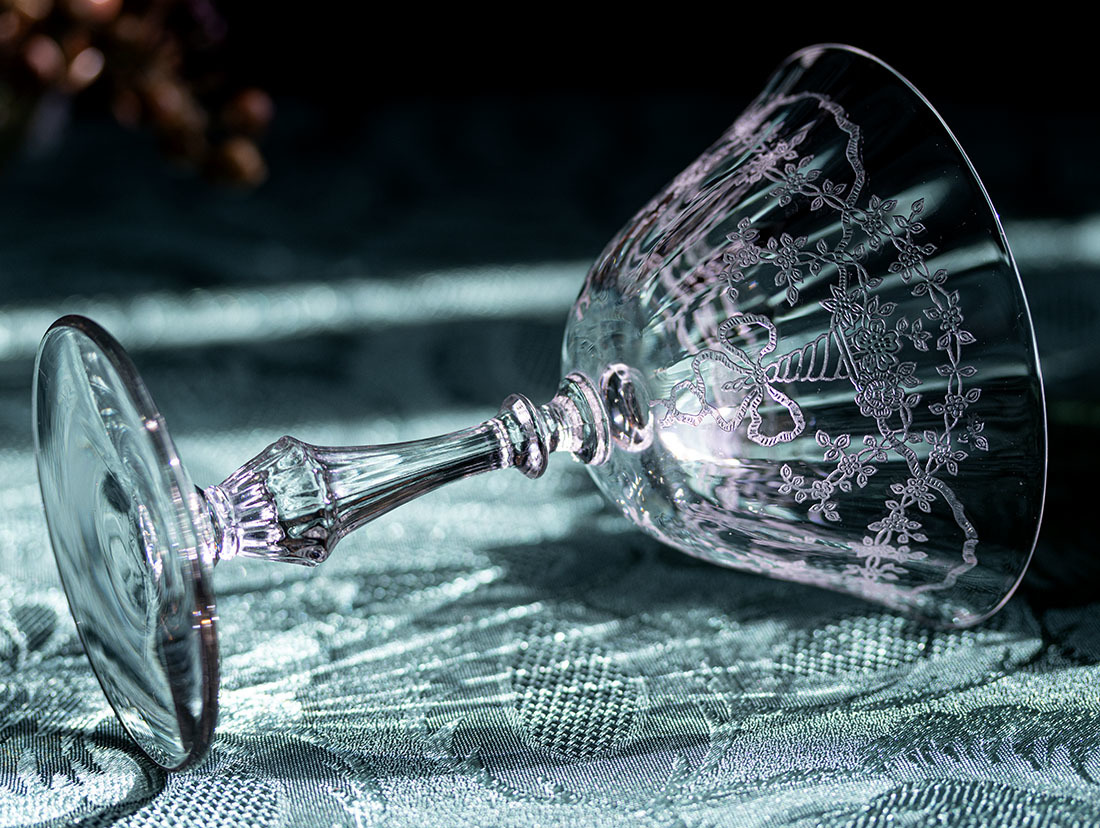 1935年～ フォストリア クリスタル コサージュ リボン エッチング カクテル シャンパン グラス 酒 ビンテージ バーグラス アンティーク_画像4