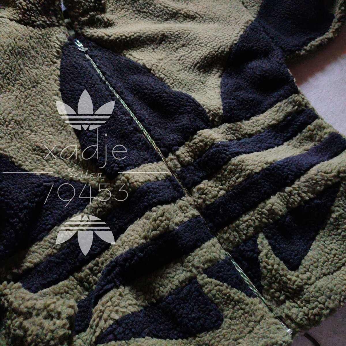新品 正規品 adidas originals アディダス オリジナルス ビッグトレフォイル ボア ジャケット カーキ オリーブ 黒 ブラック 厚手 O XL_画像5