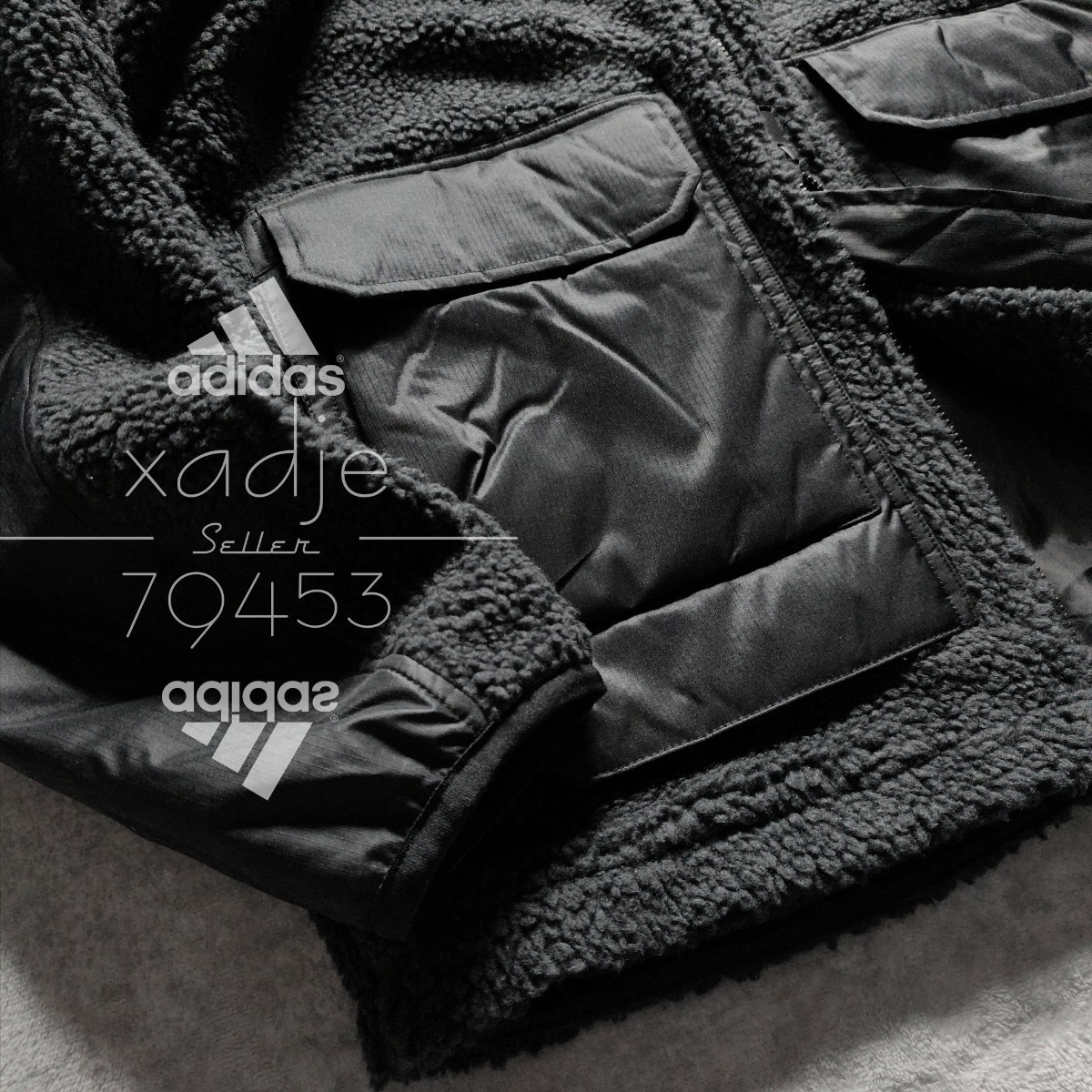 新品 正規品 adidas アディダス THREE STRIPS ボア ジャケット 黒 ブラック ロゴ 刺繍 バックプリント ゆるめ ダブルジップ 厚手 L_画像4