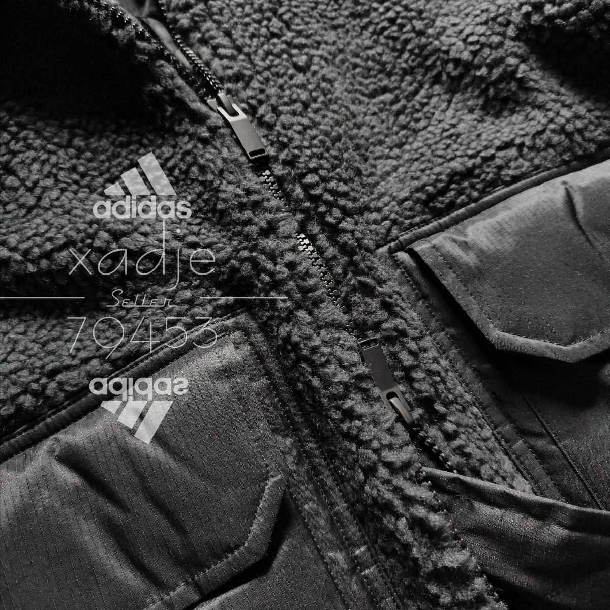 新品 正規品 adidas アディダス THREE STRIPS ボア ジャケット 黒 ブラック ロゴ 刺繍 バックプリント ゆるめ ダブルジップ 厚手 L_画像5