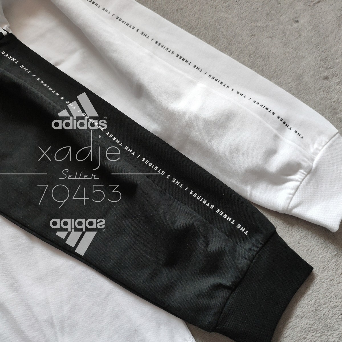 新品 正規品 adidas アディダス 2枚セット 長袖 ロンT プリント THREE STRIPES 黒 ブラック 白 ホワイト 3本ライン ロゴ 刺繍 厚手 XL_画像7