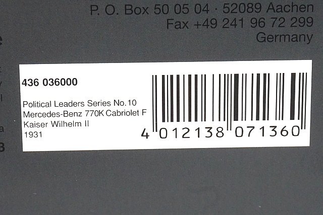 ミニチャンプス PMA 1/43 メルセデスベンツ 770K カブリオレ F ヴィルヘルム2世 1931 Political Leaders Series No.10 436036000_画像6