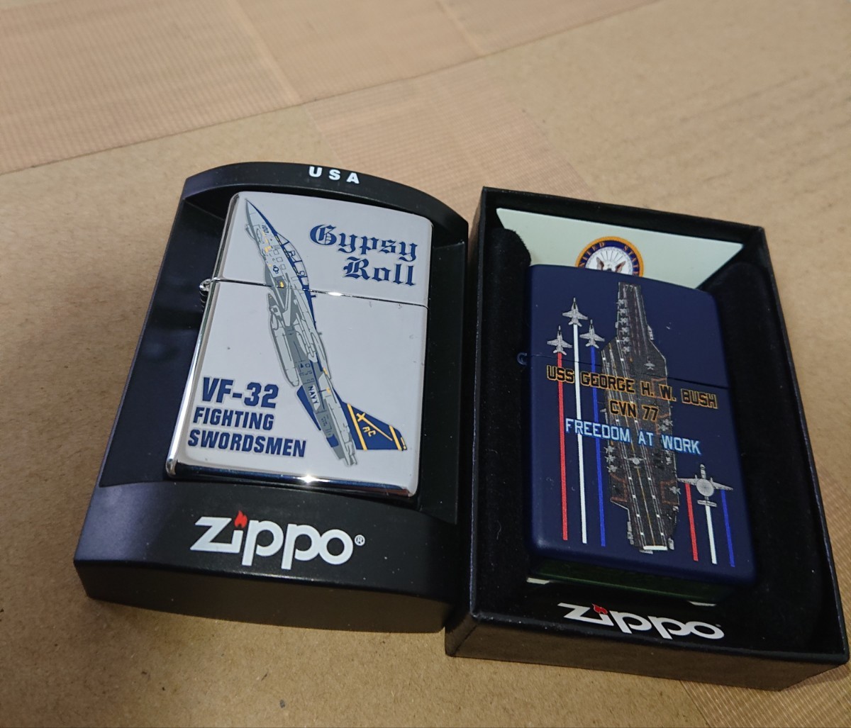 ジッポ Zippo ジッポー オイルライター ミリタリー アメリカ海軍 U.S.S. 空母 戦艦 戦闘機 艦載機 Ｆ－18 航空母艦 二個セット 未使用_画像1