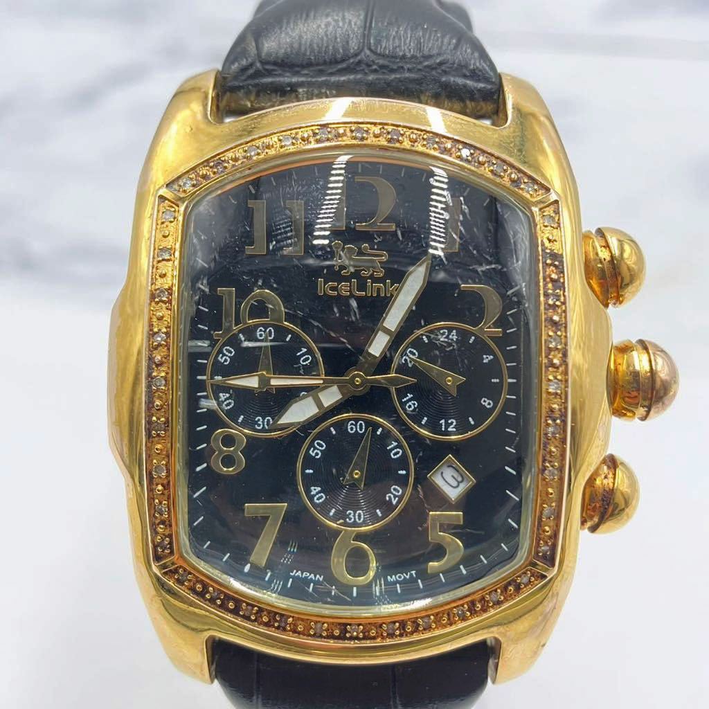 ◆【売り切り】IceLinkアイスリンク メンズ腕時計 PHAT Ice 10542 クロノグラフ デイト ゴールドカラー ラインストーン レザーベルト_画像2