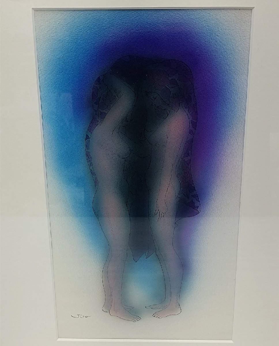 ・向き合う女性裸像　水彩画　銘:Jiro 直筆　額装_画像3