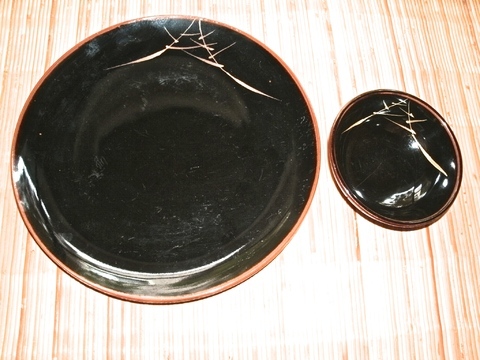 0.\'.... leaf \' tea . gold leaf. [ heaven .. plate ].[ heaven dressing vessel ].6 in set ( black diameter 24cm medium-sized dish scratch . scrub equipped )