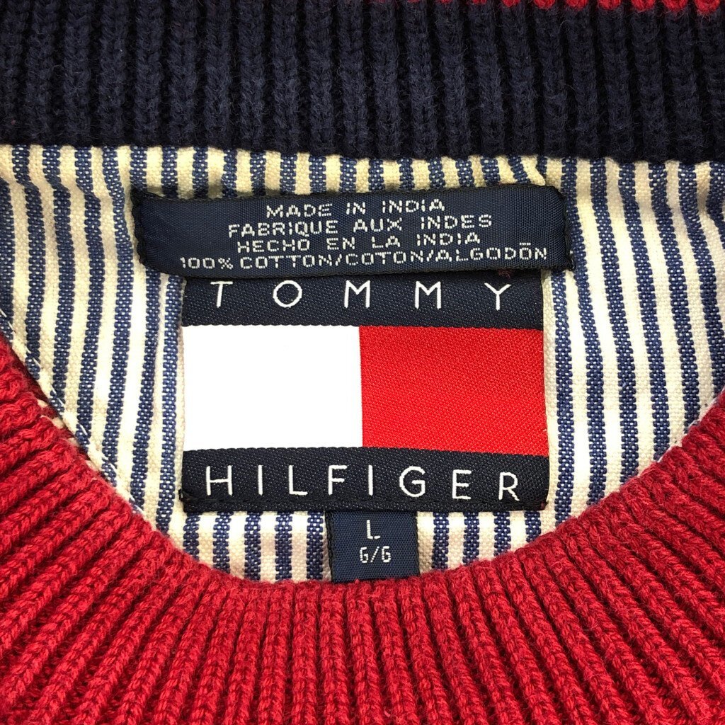 90年代 TOMMY HILFIGER トミーヒルフィガー コットン ニット ボーダー セーター カジュアル レッド (メンズ L) 中古 古着 P5130_画像5