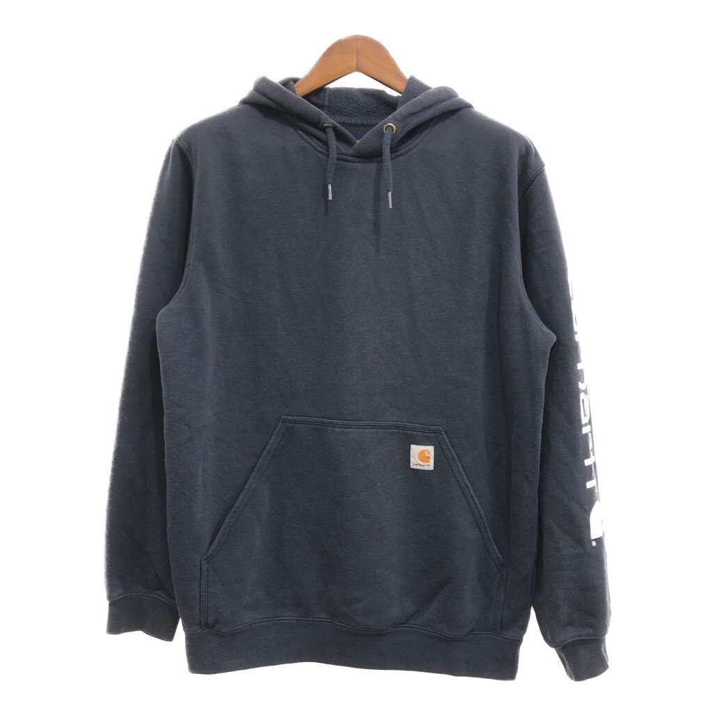 Carhartt カーハート ロゴ 袖プリント プルオーバー スウェット パーカー ワーク カジュアル ネイビー (メンズ M) 中古 古着 P5254