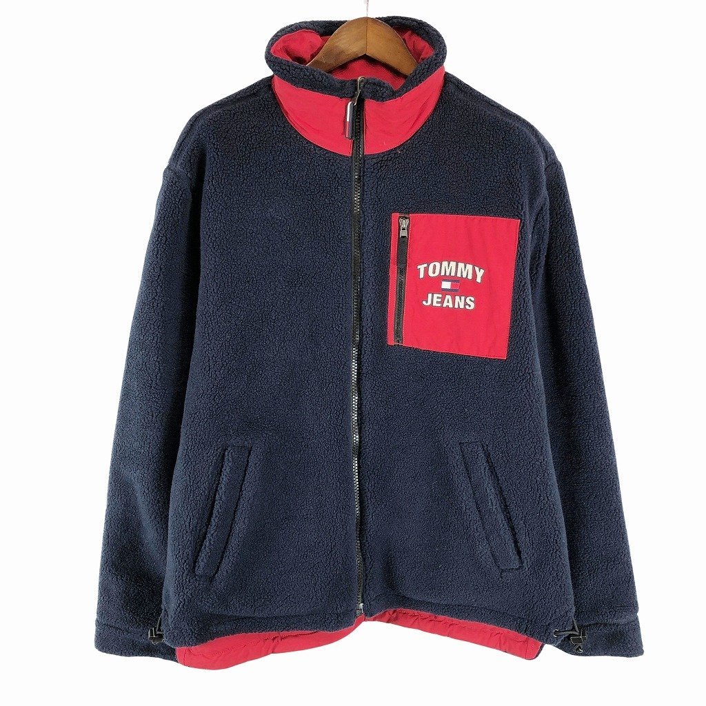 90年代 TOMMY HILFIGER トミーヒルフィガー リバーシブル フリースジャケット ネイビー (メンズ L) P0802 1円スタート_画像1