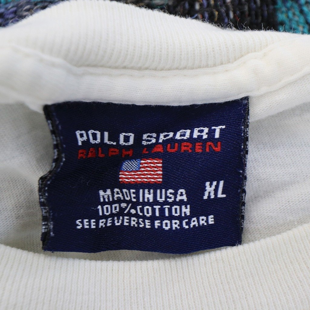 90年代 POLO SPORTS ポロスポーツ ブランドネームプリント 半袖Ｔシャツ シングルステッチ 星条旗 (メンズ XL) O1720 1円スタート_画像7