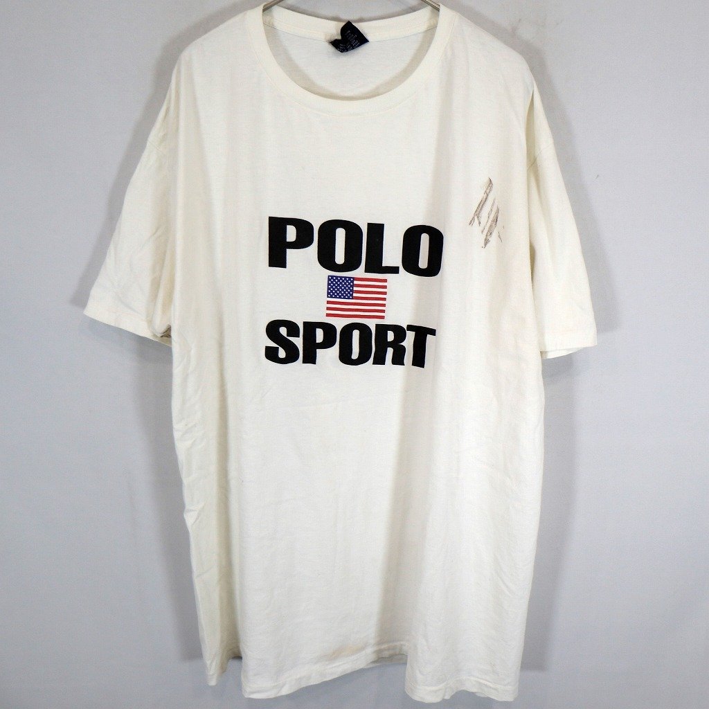 90年代 POLO SPORTS ポロスポーツ ブランドネームプリント 半袖Ｔシャツ シングルステッチ 星条旗 (メンズ XL) O1720 1円スタート_画像1