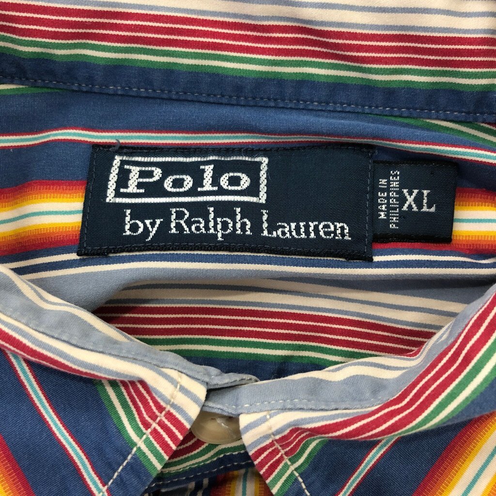 90年代 Polo by Ralph Lauren ポロ ラルフローレン 長袖シャツ チンストラップ ストライプ マルチカラー (メンズ XL) 中古 古着 P6789_画像5