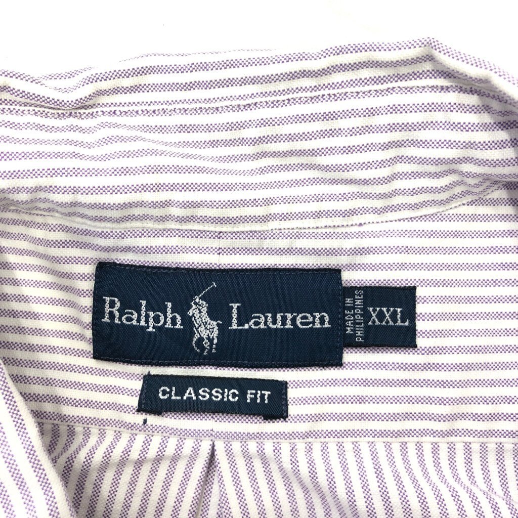90年代 RALPH LAUREN ラルフローレン ボタンダウン 長袖シャツ トップス 大きいサイズ ストライプ パープル (メンズ XXL) 中古 古着 P6465_画像4