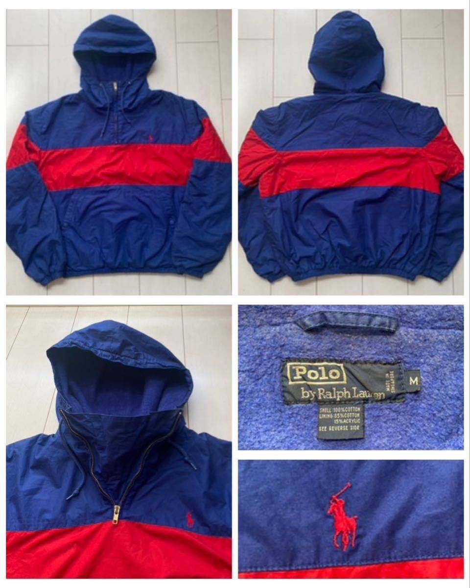 送料無料 美品 90s vintage POLO ラルフローレン コットン フリース ANORAK アノラック パーカー pullover プルオーバー ジャケット 青 rrl