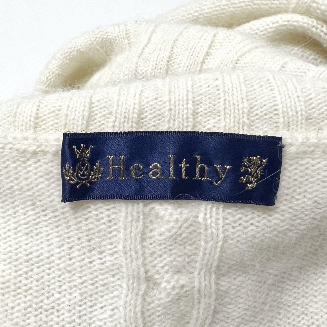 Healthy ニット セーター タートルネック ケーブル編み オフホワイト テディベア 刺繍 アーガイル柄 Mサイズ_画像8