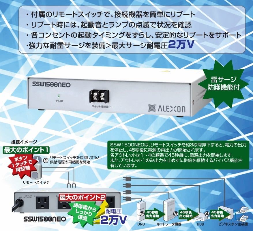 ■新品未使用 ALEXON 耐雷サージ付き 電源起動制御装置 SSW1500NEO 耐電圧2万ボルト ビジネスフォン 監視カメラの画像2