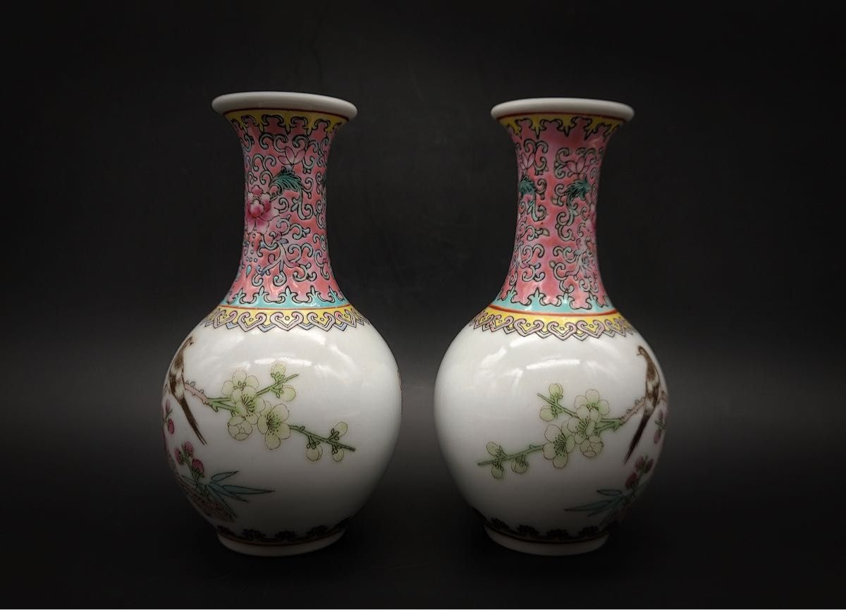 中國美術 中國景德鎮製花鳥紋樣詩文ミニ花瓶セット 中國美術 中國景德鎮製花鳥紋樣詩文ミニ花瓶セット