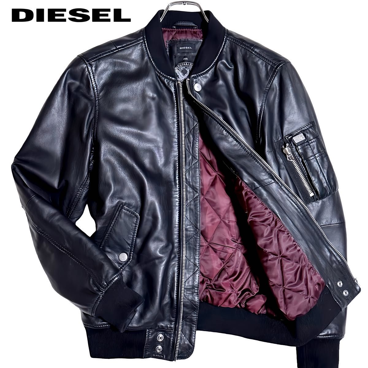 DIESEL ディーゼル MA-1 レザージャケット ブルゾン フライトジャケット 羊革 ラムレザー 裏地キルティング ブラック