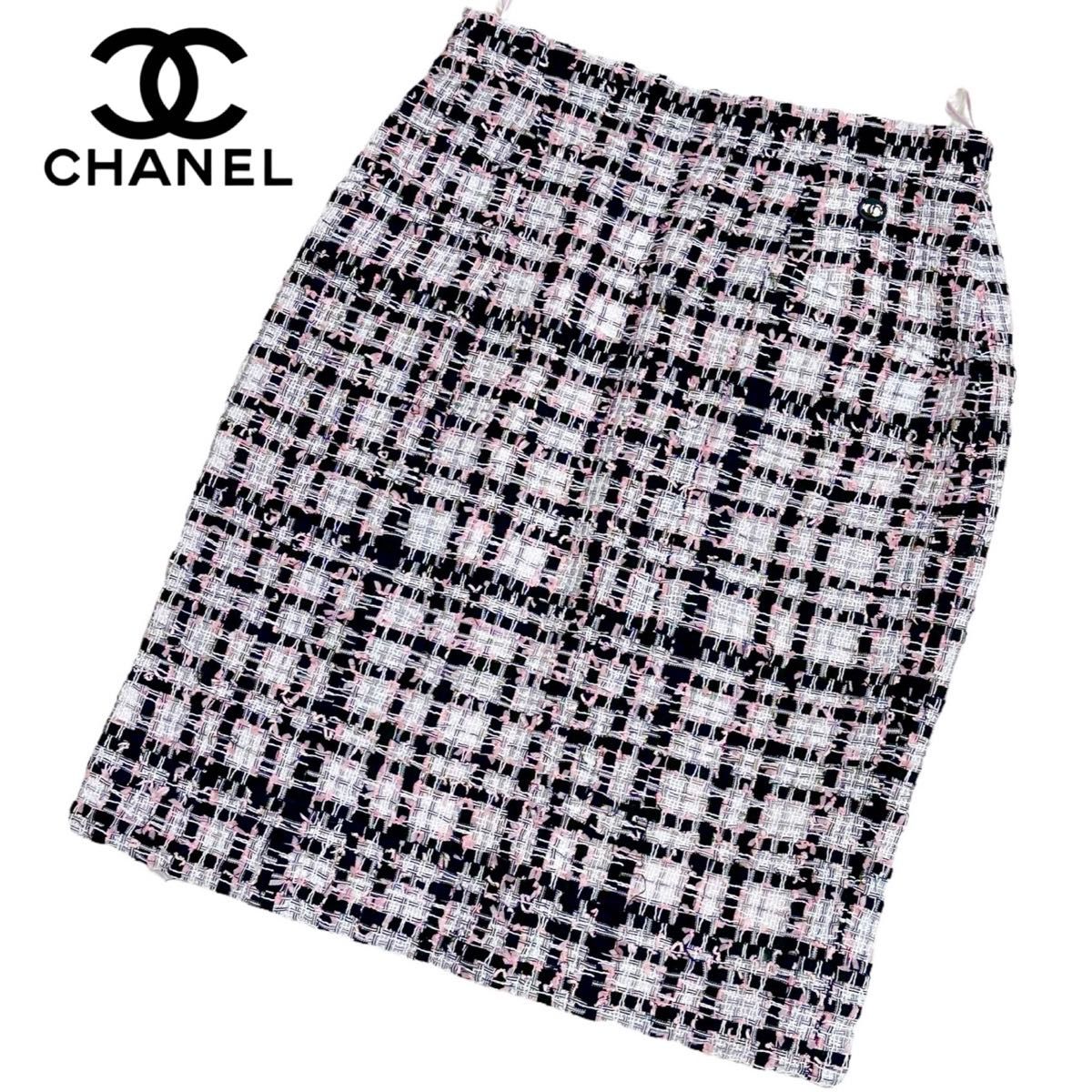 CHANEL シャネル ツイード ひざ丈スカート チェック ココボタン ココマーク P63188 ピンク 白 黒 38サイズ
