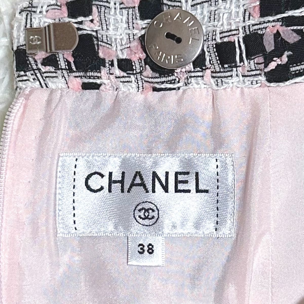 CHANEL シャネル ツイード ひざ丈スカート チェック ココボタン ココマーク P63188 ピンク 白 黒 38サイズ 