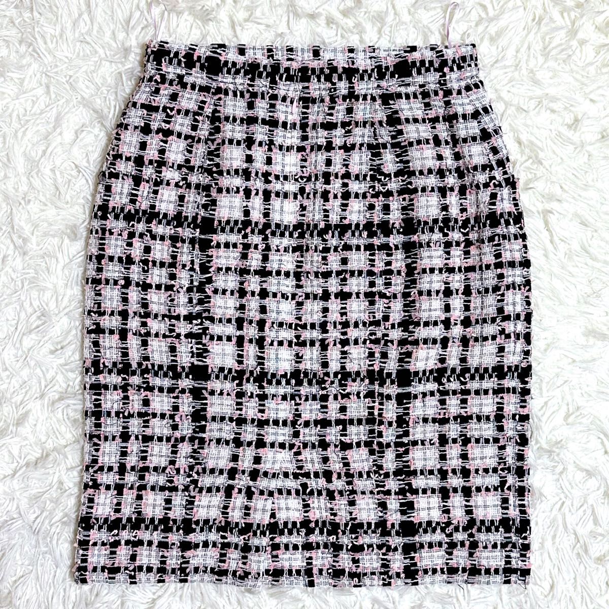 CHANEL シャネル ツイード ひざ丈スカート チェック ココボタン ココマーク P63188 ピンク 白 黒 38サイズ 