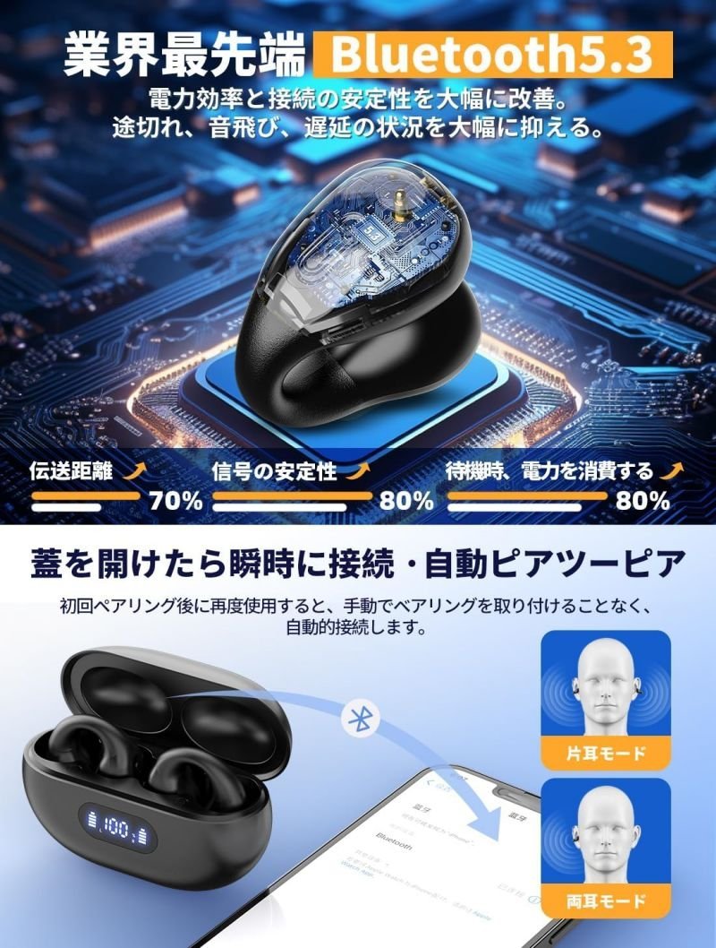 ワイヤレスイヤホン Bluetooth5.3 骨伝導イヤホン 瞬時接続 自動ペアリング Hi-Fiステレオ 低遅延 ENCノイズキャンセリング -ベージュ_画像8