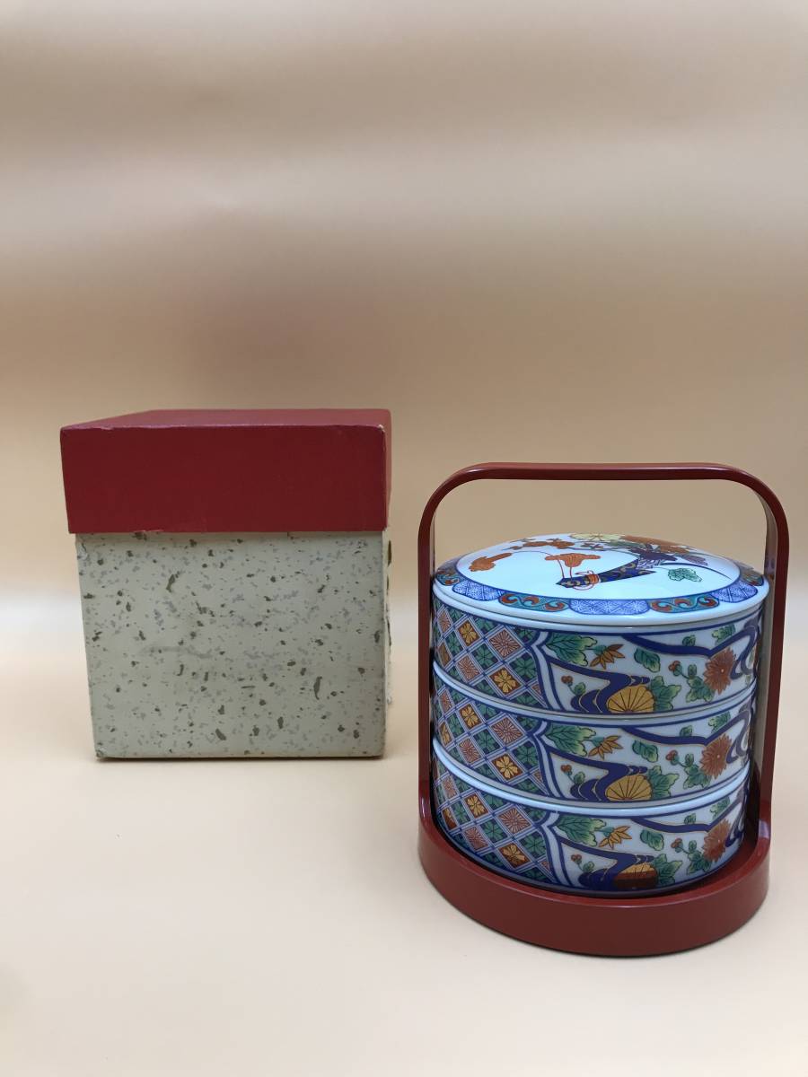 A94540 Shibata керамика три уровень -слойный накладывающийся контейнер многоярусный контейнер ручная сумка поддон цветная роспись японская посуда осэти Новый год кулинария в коробке есть перевод б/у 