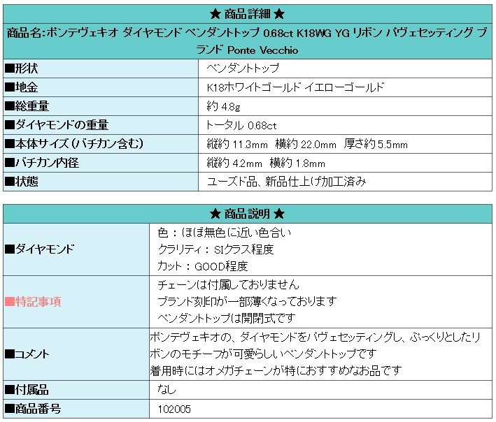 ポンテヴェキオ ダイヤモンド ペンダントトップ K18WG YG リボン パヴェセッティング ブランド 送料無料 美品 中古 SH102005_画像6