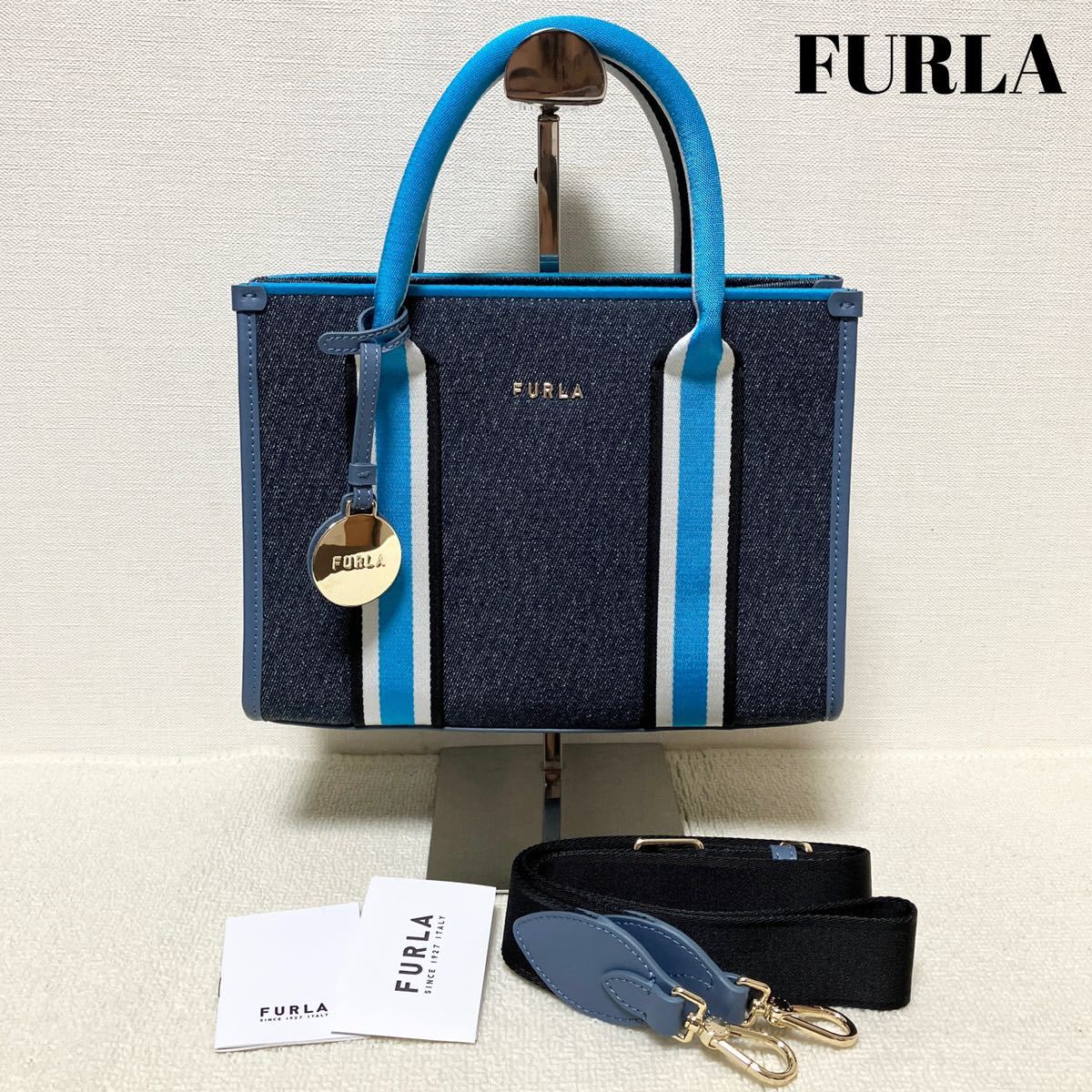 極美品 FURLA AFRODITE フルラ アフロディーテ 2wayバッグ ハンド ショルダー ネイビー ブルー 紺青 デニム レザー_画像1