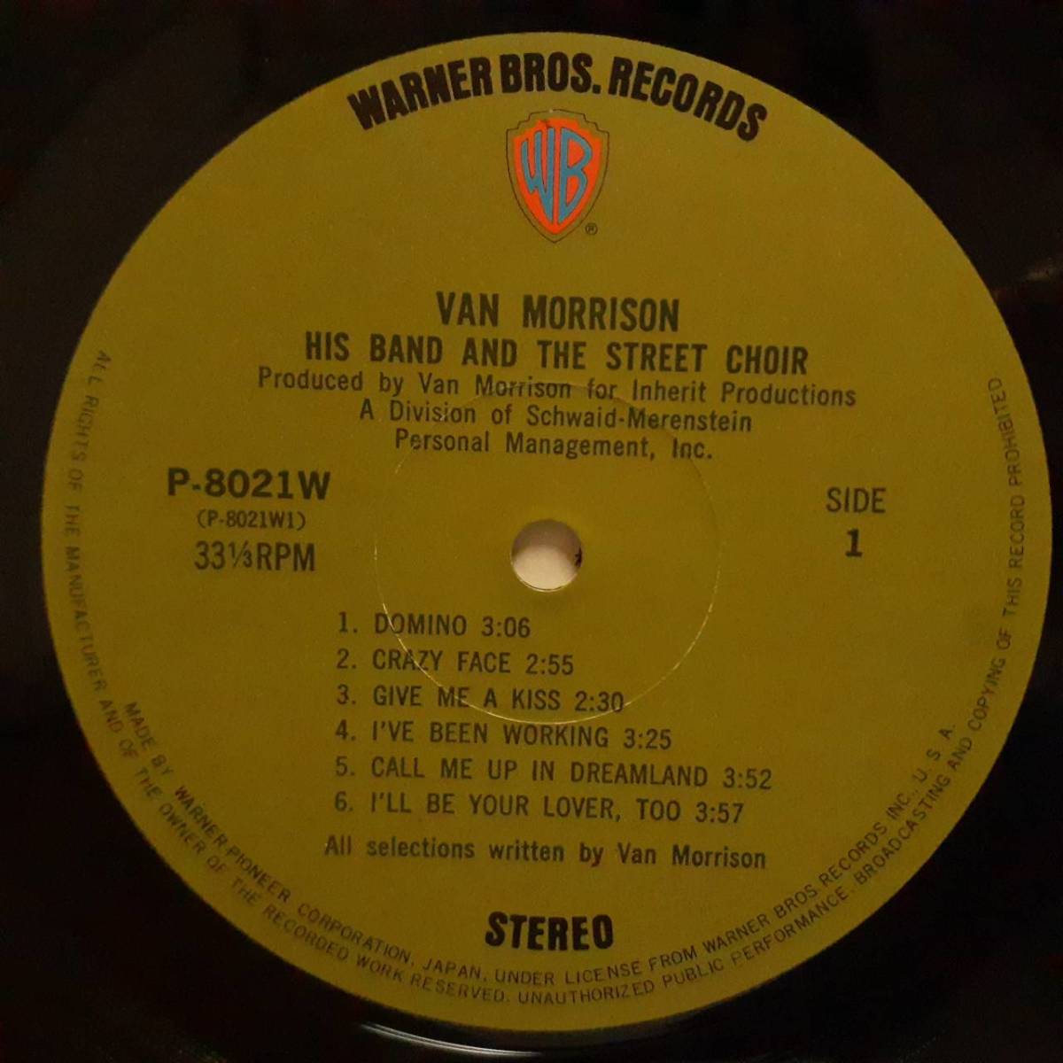 日本WARNERオリジLP帯付き 初版 緑ラベル Van Morrison / His Band And The Street Choir 1971年 P-8021W ヴァン・モリソン Domino ドミノ
