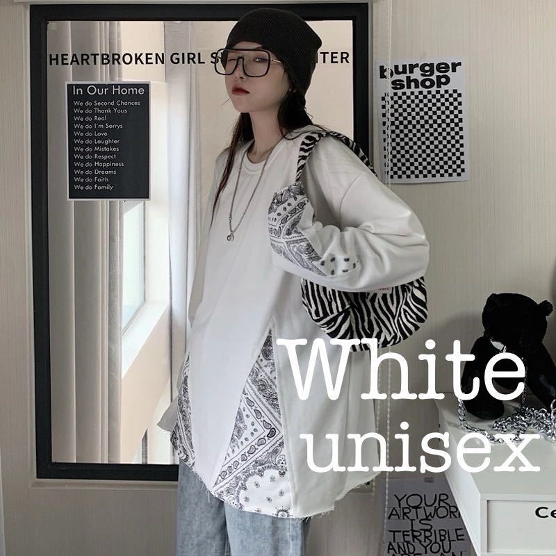 ロングTシャツ ペイズリー トップス ロンT ユニセックス 男女兼用 ホワイト 白 L_画像1