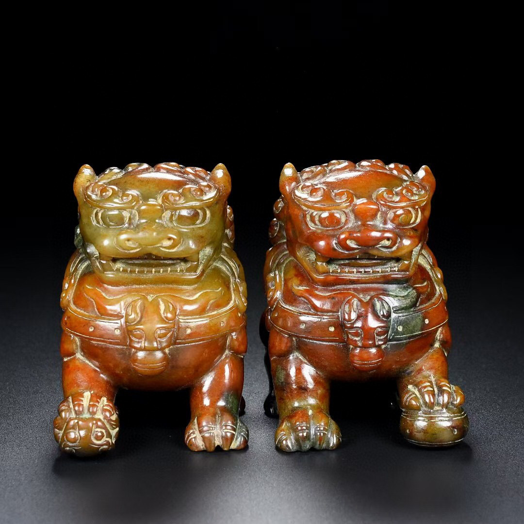 【古寶奇蔵】和田玉製・細密彫・獅子一對・置物・賞物・中国時代美術