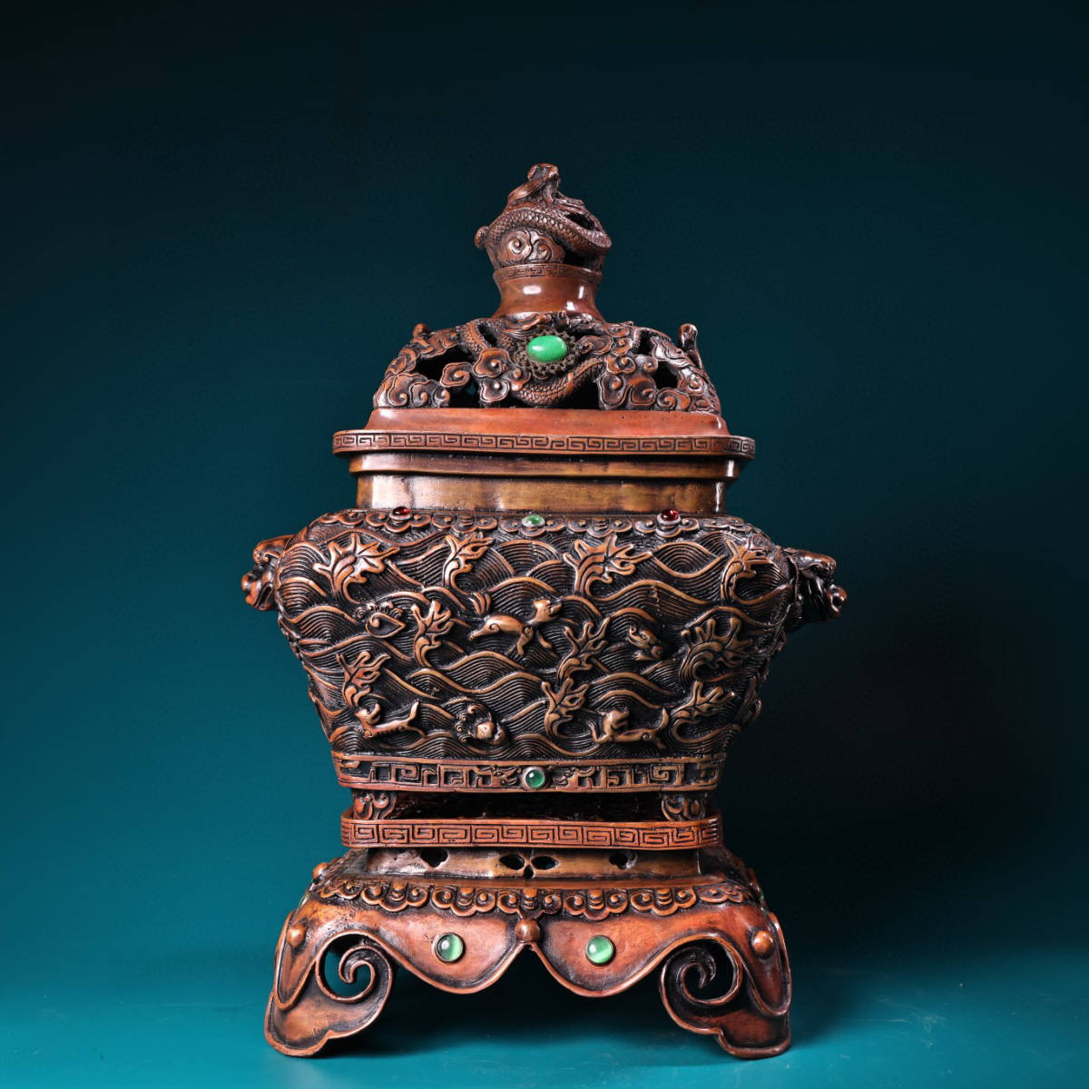 【古寶奇蔵】銅製・寶石嵌・雙獣頭・熏香炉・置物・賞物・中国時代美術