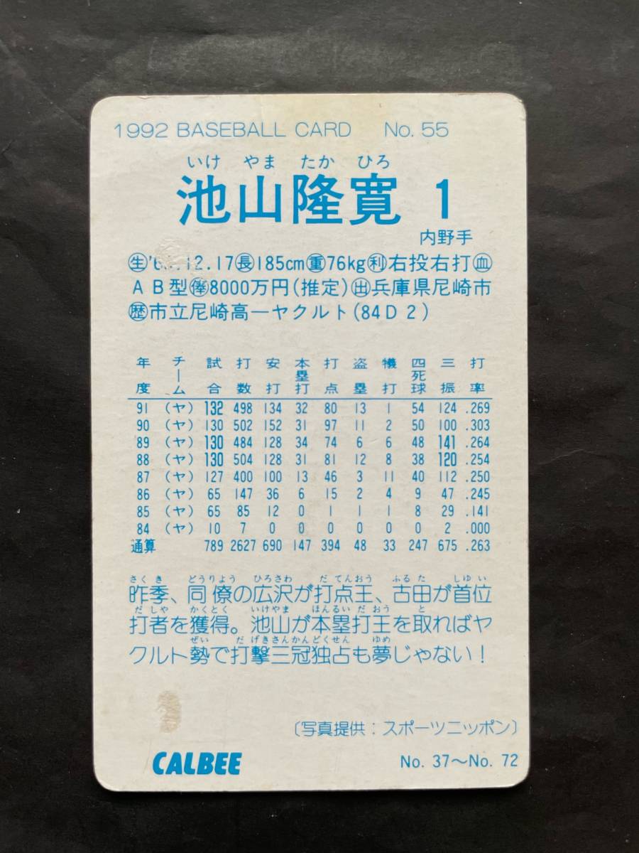 カルビープロ野球カード 92年 No.55 池山隆寛 ヤクルト 1992年 (検索用) レアブロック ショートブロック ホログラム 金枠 地方版_画像2