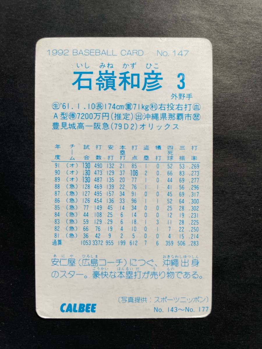 カルビープロ野球カード 92年 No.147 石嶺和彦 阪急 オリックス 1992年 (検索用) レアブロック ショートブロック ホログラム 金枠 地方版_画像2