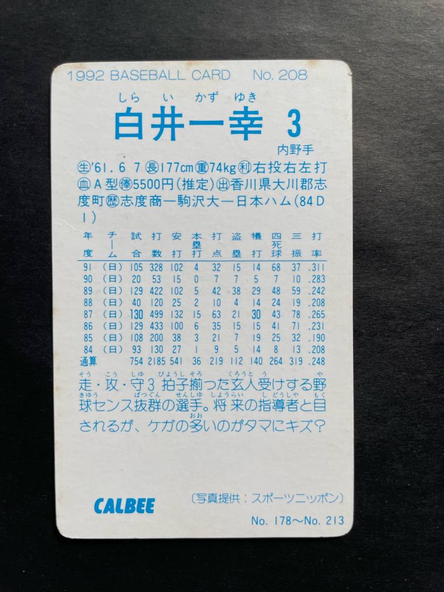 カルビープロ野球カード 92年 No.208 白井一幸 日本ハム 1992年 (検索用) レアブロック ショートブロック ホログラム 金枠 地方版_画像2