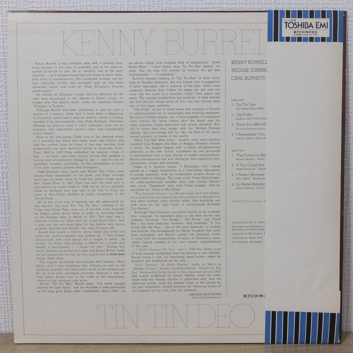 帯付 LPレコード TIN TIN DEO ティン・ティン・デオ KENNY BURRELL ケニー・バレル ICJ-70151 CONCORD JAZZ 東芝EMI_画像2