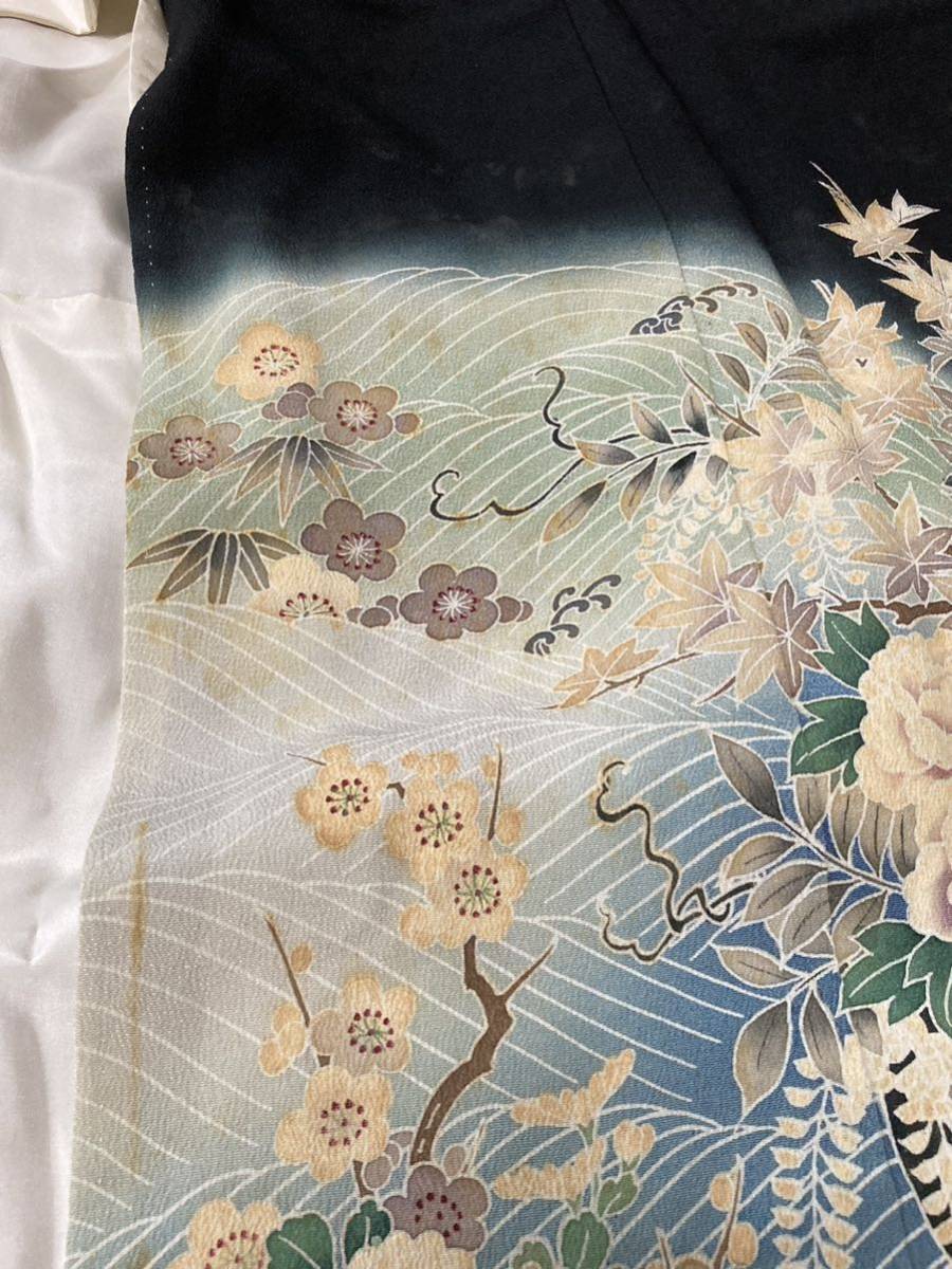  three . kurotomesode length 154cm sleeve length 62cm house .... Kashiwa flower car . leaf wistaria plum . place car . water white light blue purple antique kimono silk wedding regular equipment 