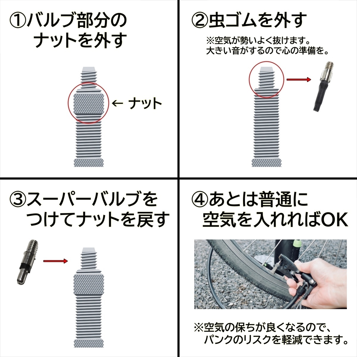 自転車 スーパーバルブ 10点 虫ゴム パンク予防 パンク修理 空気入れ 空気漏れ パンク防止 虫ゴム不要 ママチャリ バルブ スペシャルバルブ_画像6