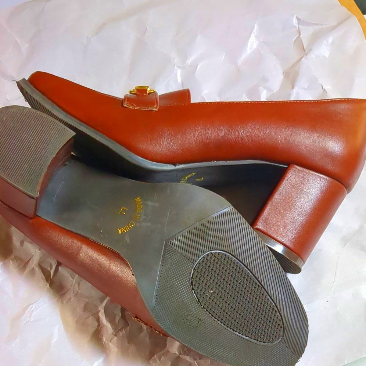 flicka  スクエアトゥ　ローファーパンプス ブラウン茶  靴 ほぼ未使用　チャンキーヒール　レディースシューズ　24.5cm