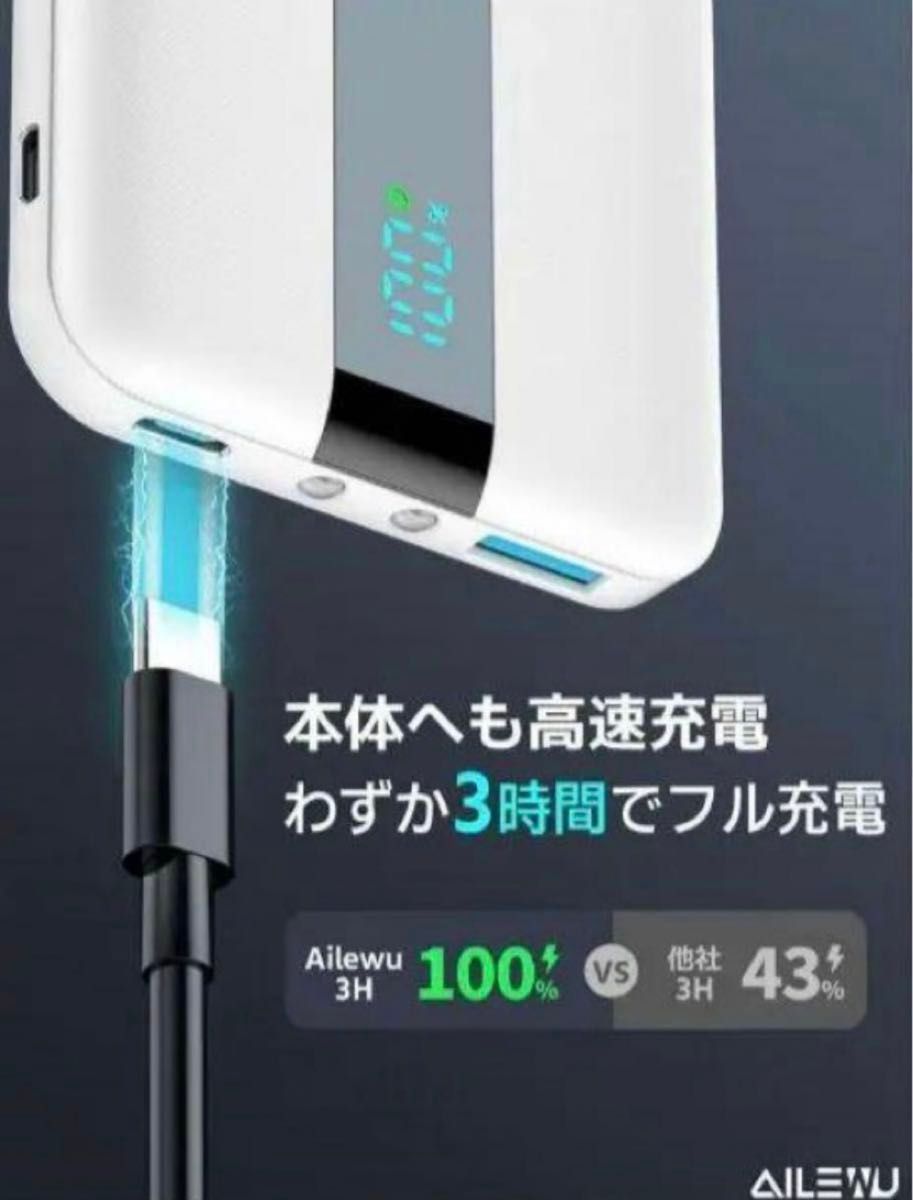 モバイルバッテリー 大容量 急速充電 Ailewu 10000mAh超薄型　白