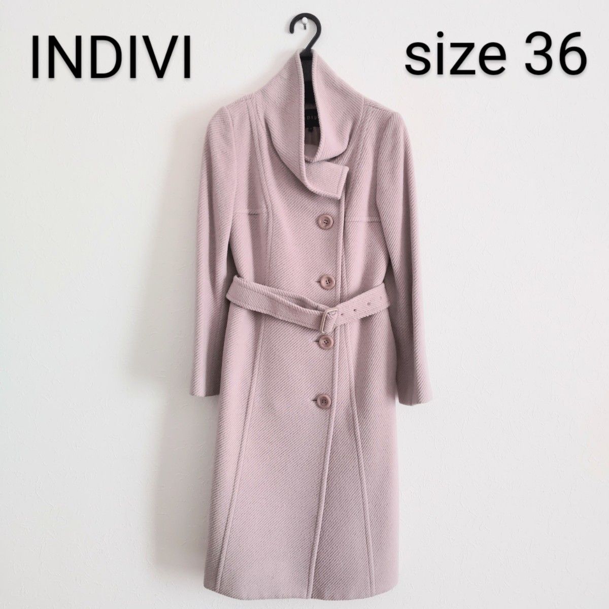 INDIVI/ウールロングコート/36サイズ/ピンク系/上品/ベルト付き/インディヴィ/日本製/アウター