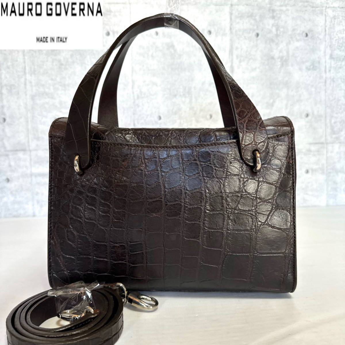 美品 MAURO GOVERNA マウロゴヴェルナ マットクロコダイル ダークブラウン 2WAY ワニ革 シルバー金具 レザー ショルダー ハンドバッグ