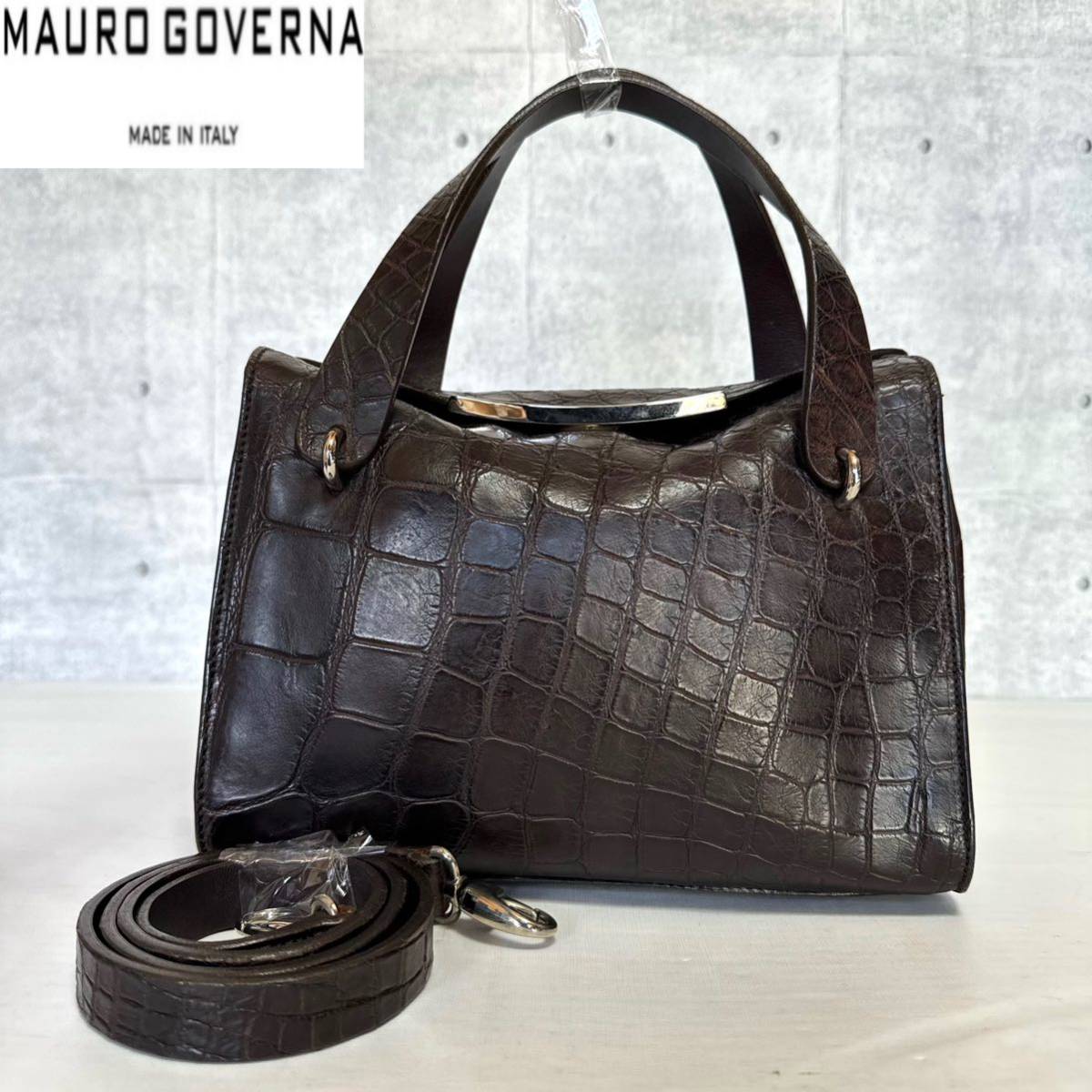 美品 MAURO GOVERNA マウロゴヴェルナ マットクロコダイル ダークブラウン 2WAY ワニ革 シルバー金具 レザー ショルダー ハンドバッグ