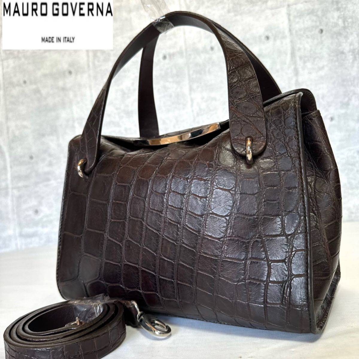 美品 MAURO GOVERNA マウロゴヴェルナ マットクロコダイル ダークブラウン 2WAY ワニ革 シルバー金具 レザー ショルダー ハンドバッグ