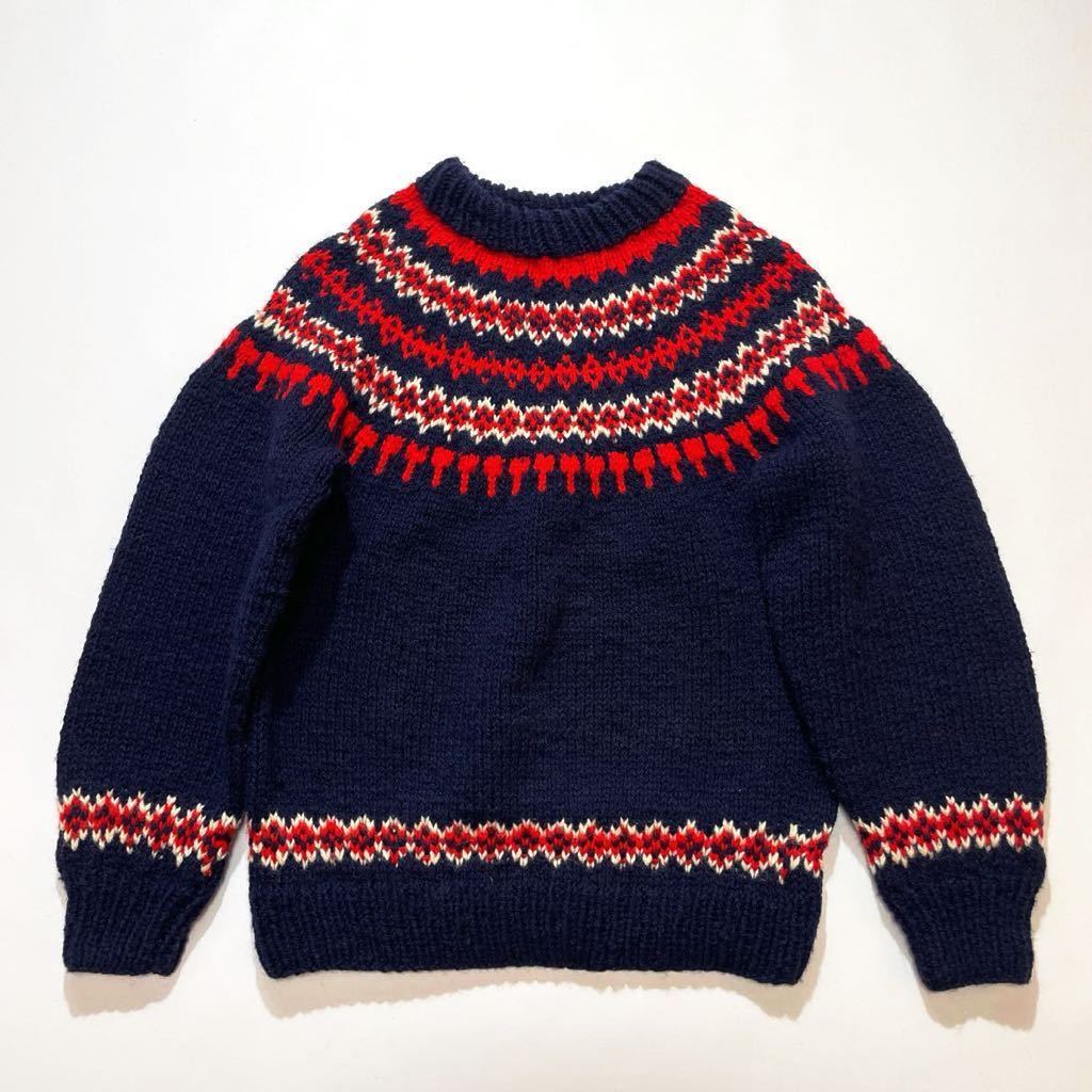 美品☆90s カナダ製 Canadian sweater ノルディック ウールニット ビンテージ 紺 ローゲージ 雪柄 ネイビー 総柄 カナディアンセーター_画像1