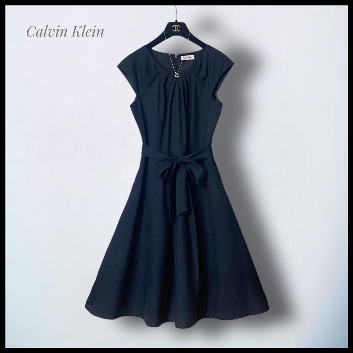 【Calvin Klein】 ウエストリボン フレアワンピース ノースリーブワンピース ブラック 黒 カルバン・クライン L