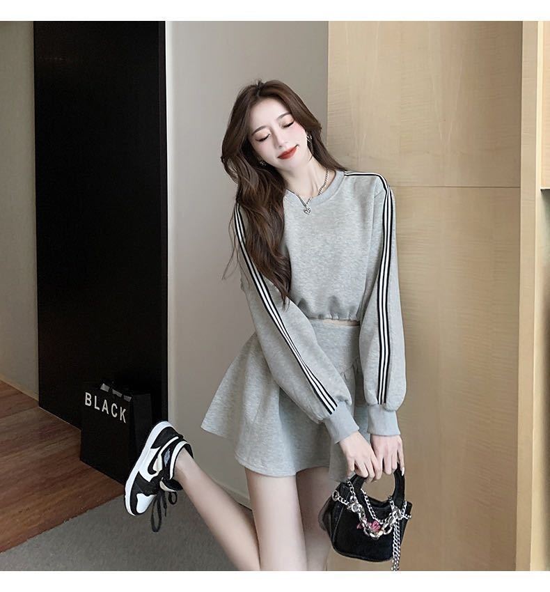Lサイズ クロップド丈 ライン トレーナー上下セット 韓国 グレー Lサイズ クロップド丈 ライン トレーナー上下セット 韓国 グレー